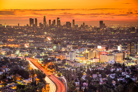 os angeles, california, usa downtown skyline at dawn.