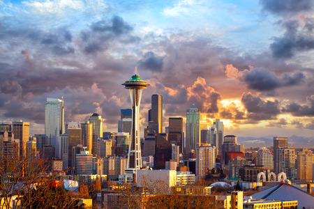 seattle skyline at sunset, wa, usa
